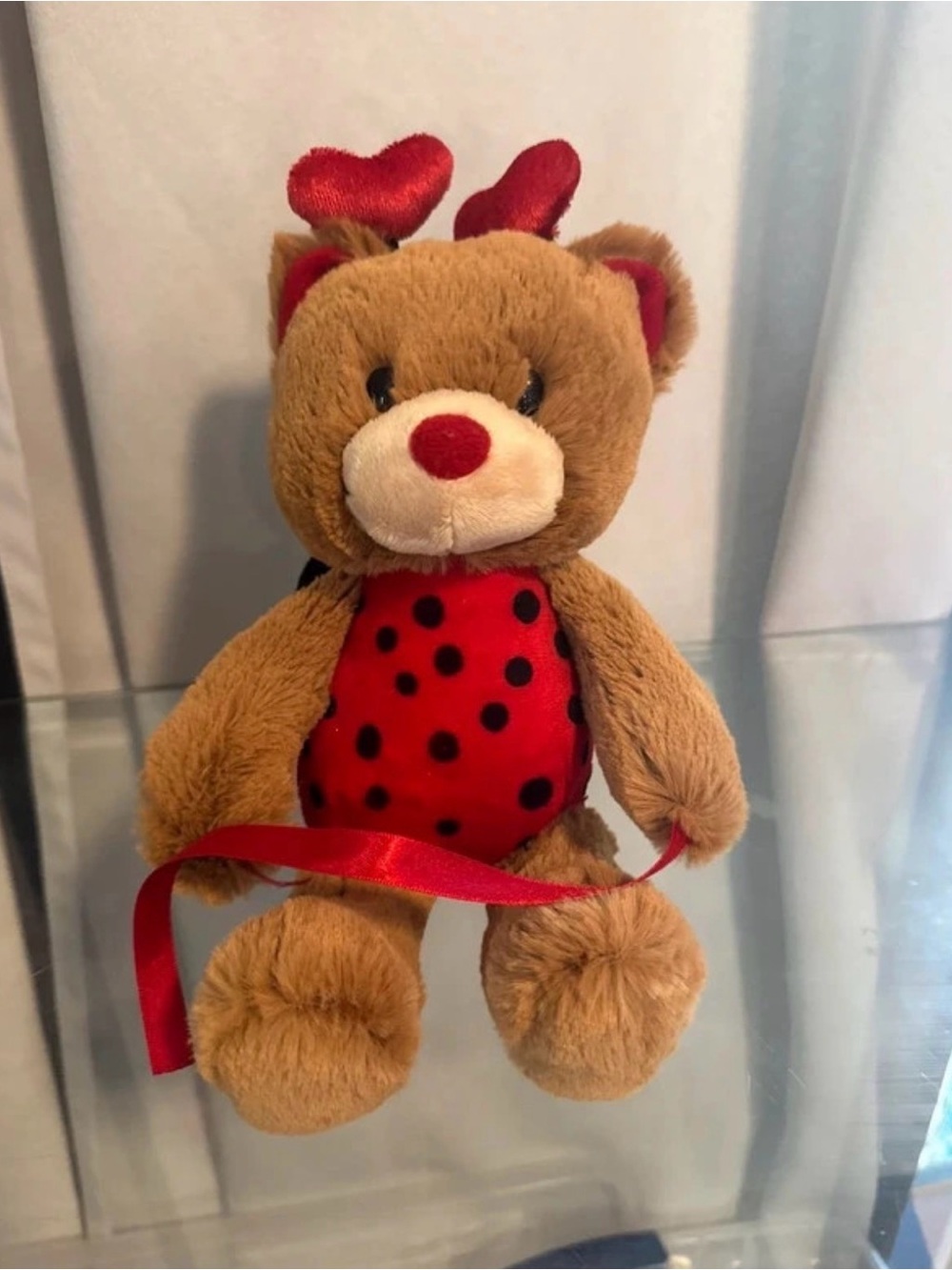 Lily Brown Teddy Bear with Red Ladybug Vest and Heart Antennae